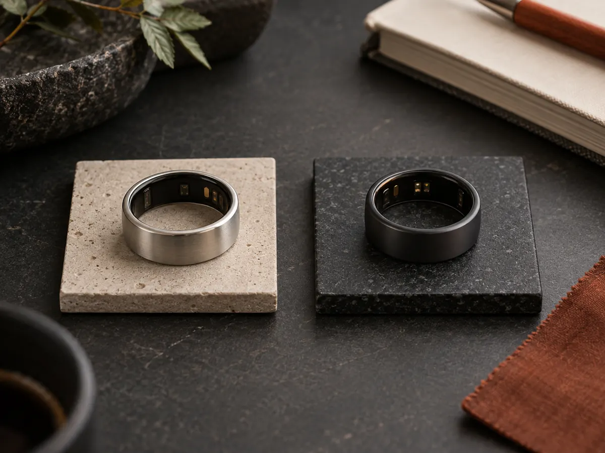 Two generic smart rings arranged on neutral material samples