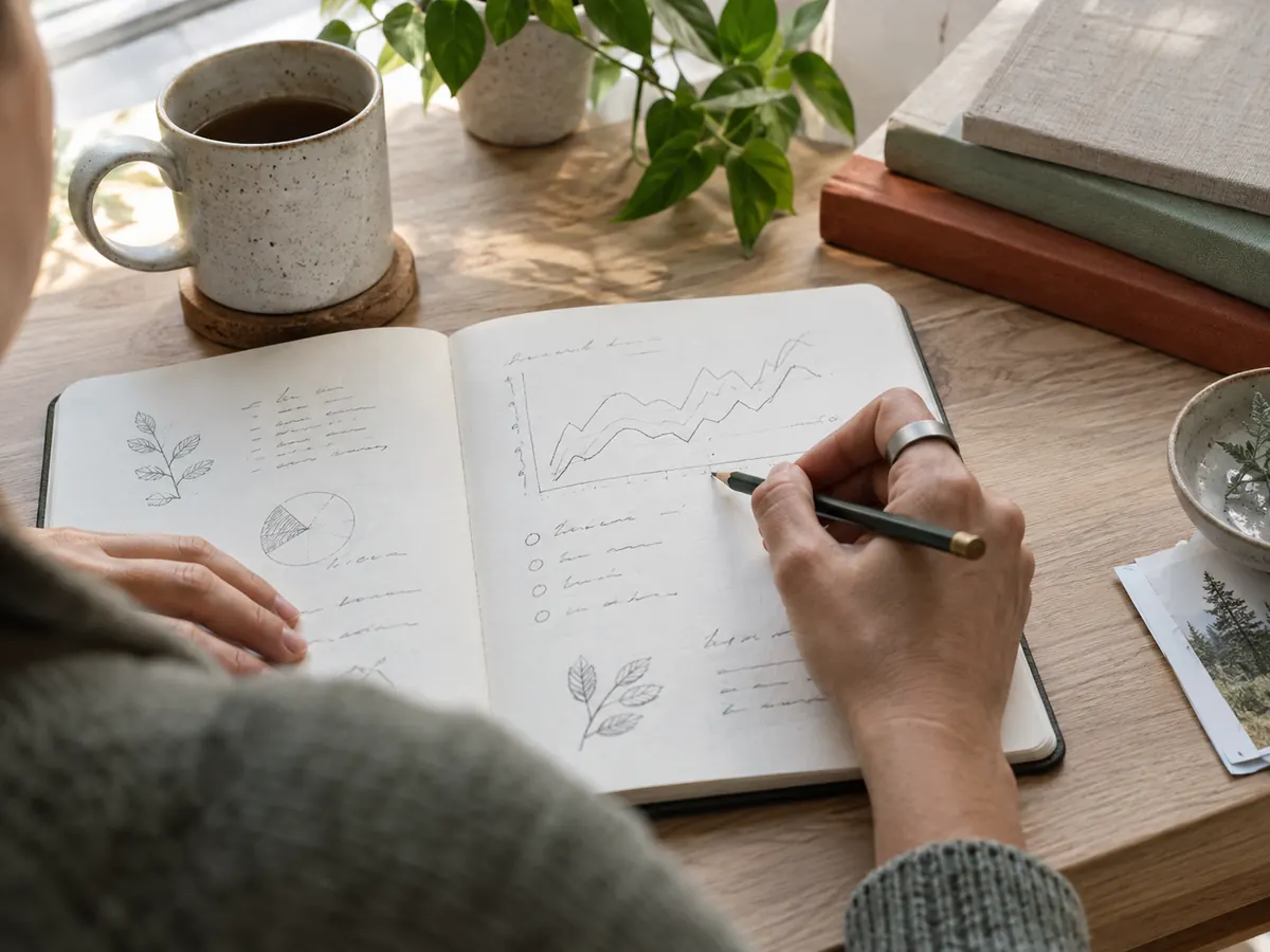 Person wearing a generic smart ring while studying hand-drawn trend notes