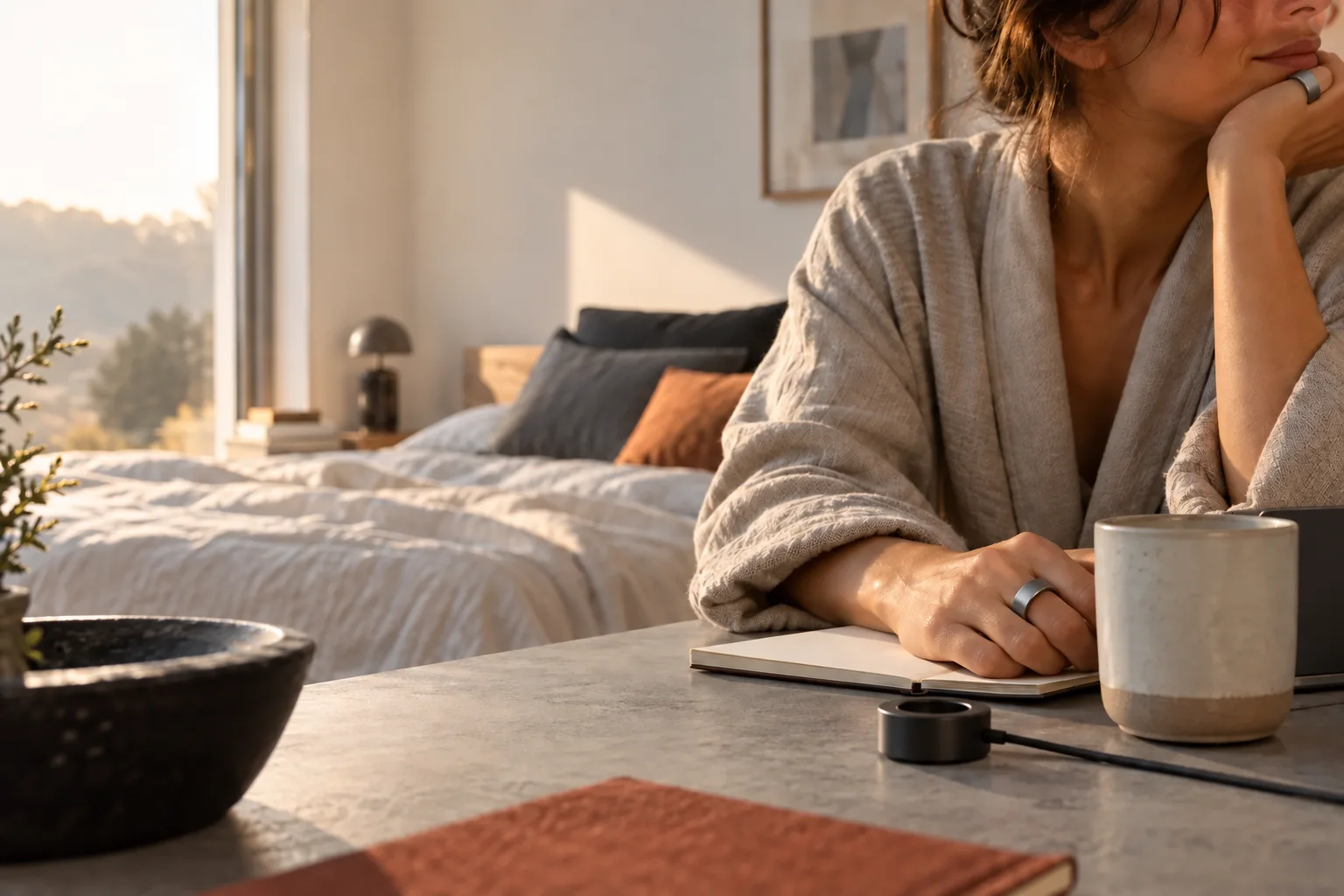 Editorial scene of a person wearing a visible generic smart ring beside a notebook and charger in morning light