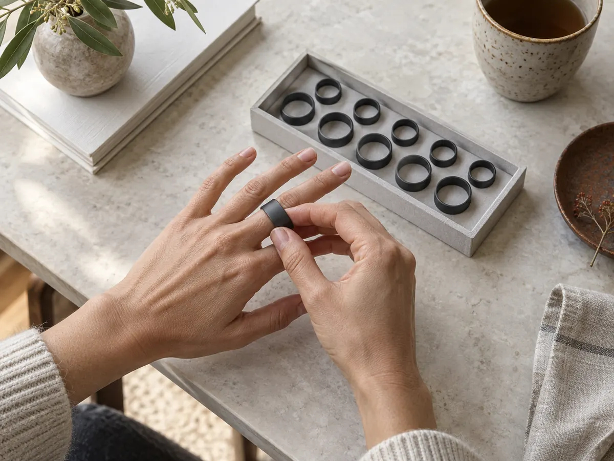 Hands checking the fit of a generic smart-ring sizing loop at a table