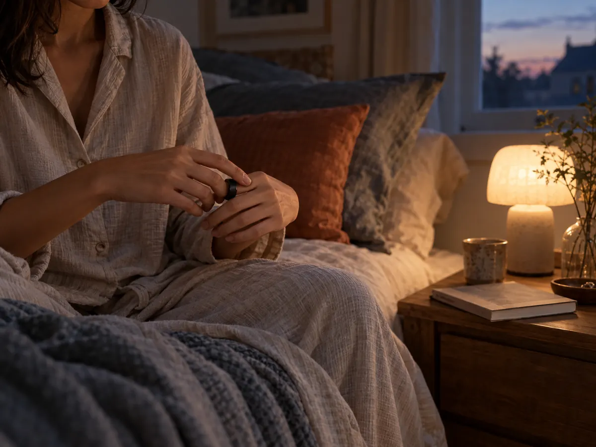 Person adjusting a generic smart ring while preparing for sleep