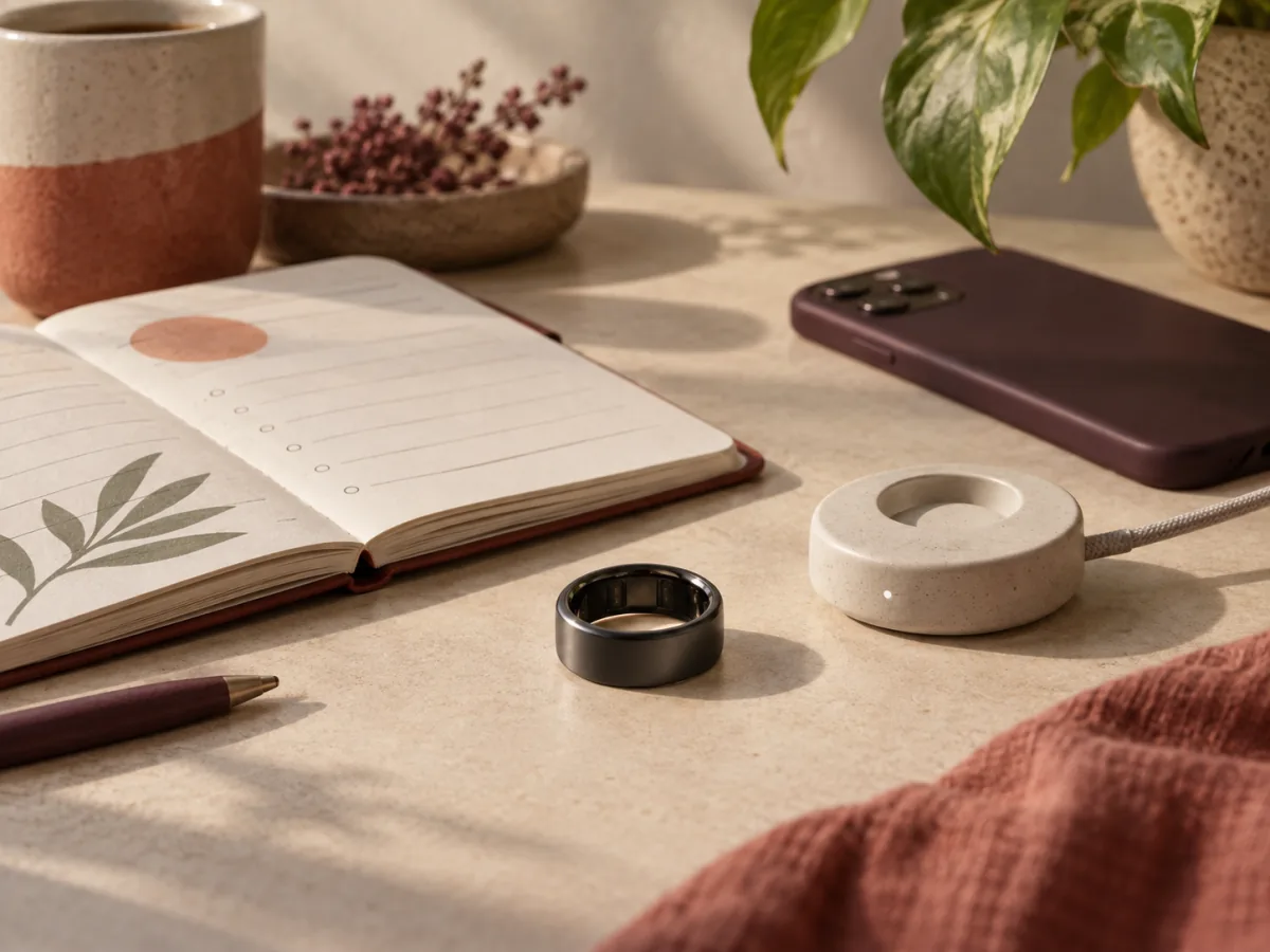 Generic smart ring, charging dock, planner and phone in warm daylight